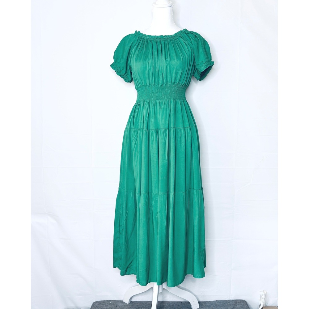 MINIMARY Dress Tiered Smocked Waist Puff Sleeve OS Midi Green Womens Cottagecore